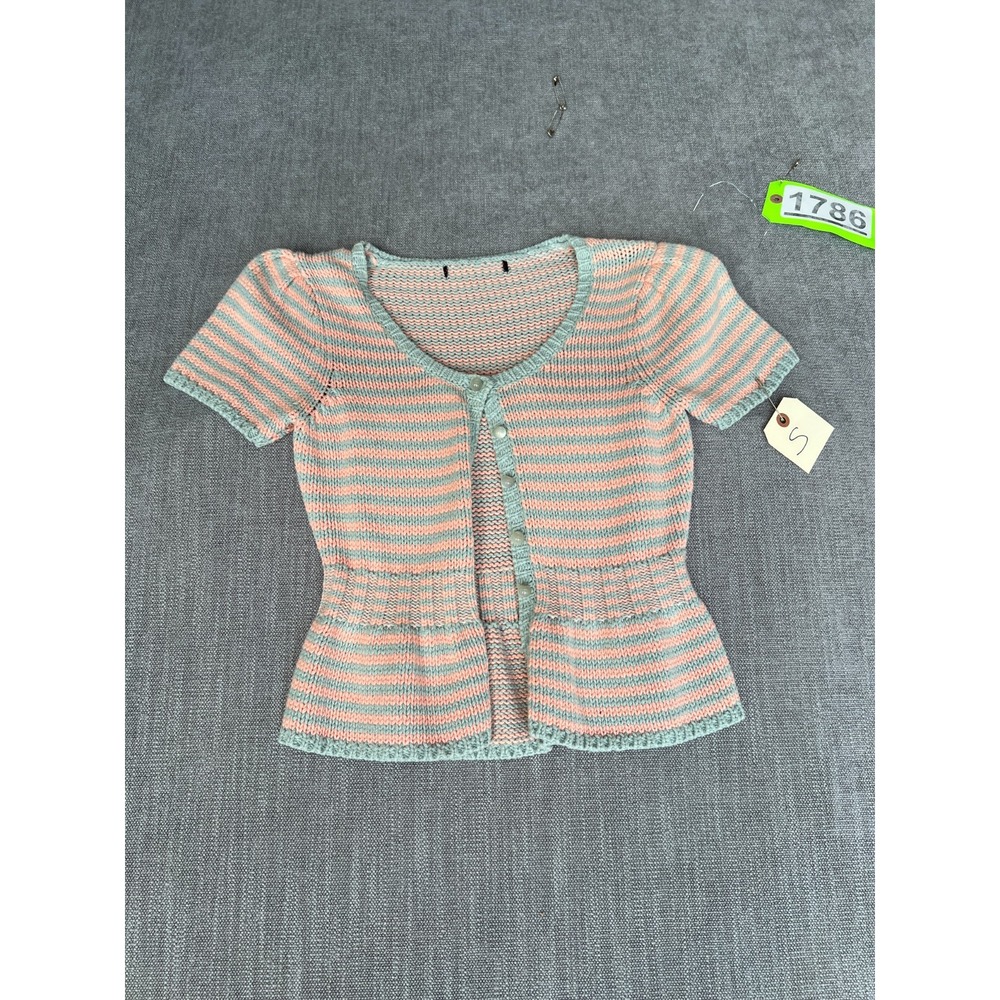 Womens Peplum Cardigan Sweater S Mint Peach Striped Short Sleeve Button Front